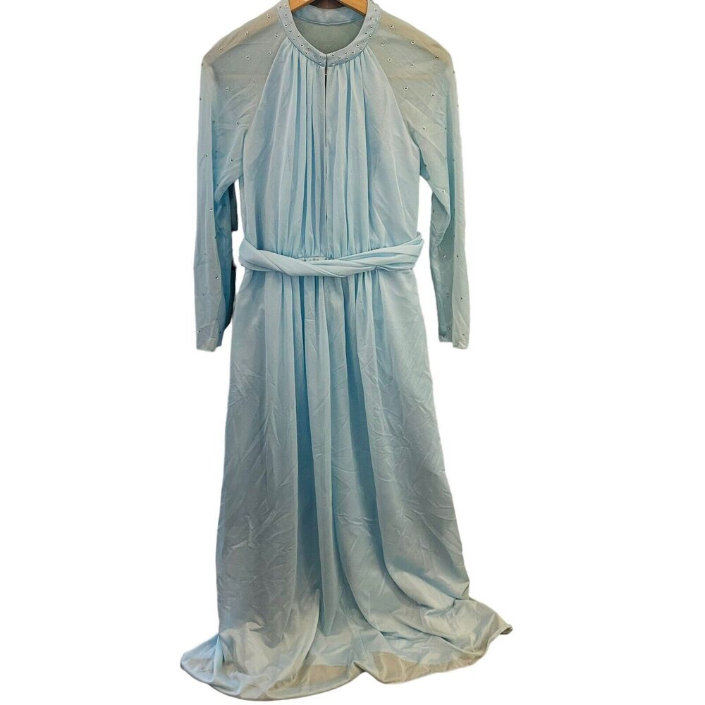 Vintage 60s Womens Full Length Blue Evening Dress Gown Sz 6 Beaded Long Sleeve